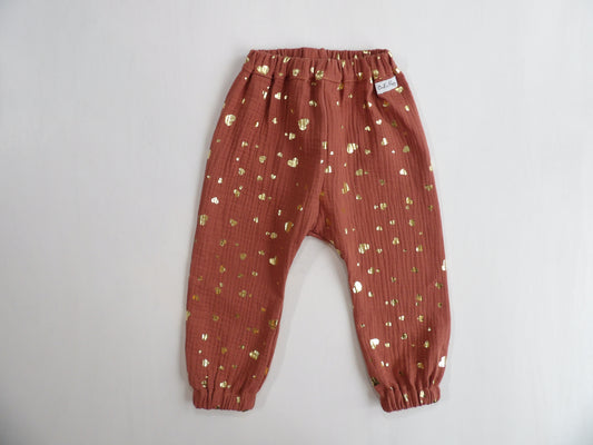 Elastic pants in Muslin Golden Hearts - size 86