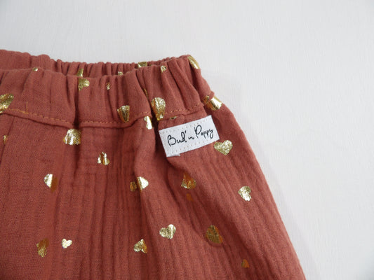 Elastic pants in Muslin Golden Hearts - size 86